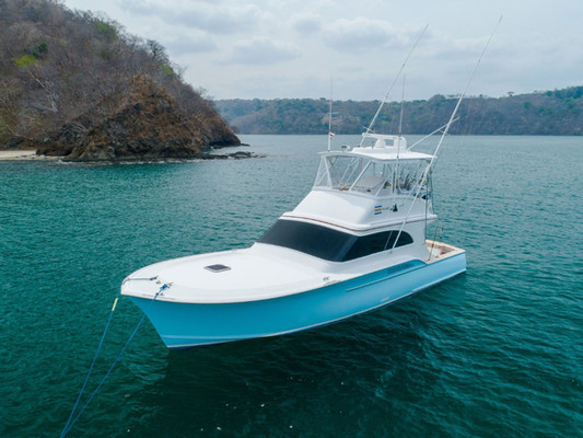 48-foot luxury fishing boat Seacario, equipped with modern fishing gear, dual stations, air conditioning, and spacious amenities for up to 8 guests.